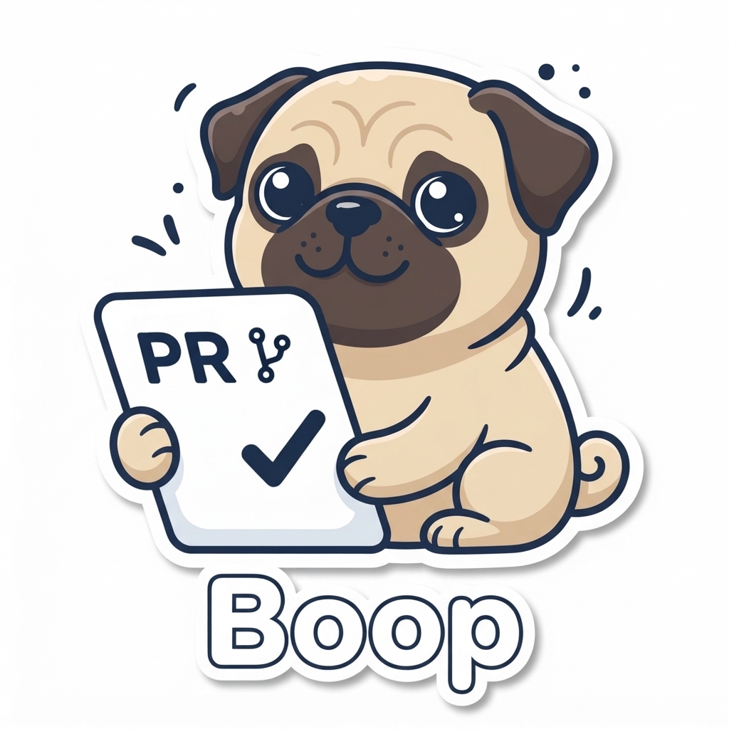 Boop, the pug, holding a PR check